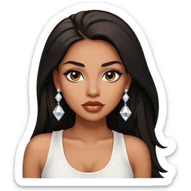 light brown skin tone, very beautiful woman, with big plump lips, long long lashes, black straight long hair, brown eyes, white tank top, diamond stud earrings sticker