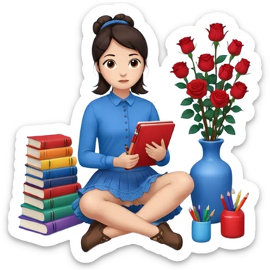 A woman with dark hair, straight and dark brown, styled in two buns, wears a blue long-sleeved shirt and a brown lace ruffled skirt. She holds a crayon in one hand. She sits on the floor with her legs crossed. The floor is covered with five stacks of colorful notebooks and a vase of red roses.  sticker