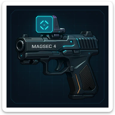 the image is the icon for a videogame  item. futuristic cyberpunk -ready to equip- it is master craftsmanship [ unequipped item ]
It is a magsec4 pistol with a mini-holo - neatly staged 3/4 profile view - orthographic horizontal perspective sticker