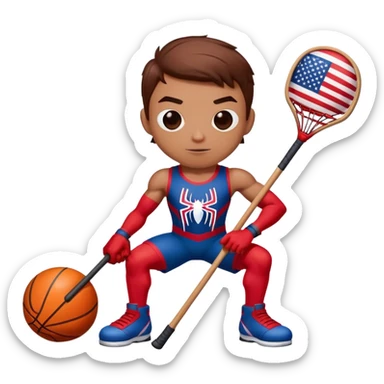 Spider-Man with an American flag holding a basketball and hockey stick sticker