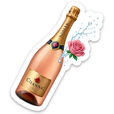 bottle of sparkling rosé champagne with a rose logo on the label, with the cork popping out, tilted up and to the left, no glass sticker
