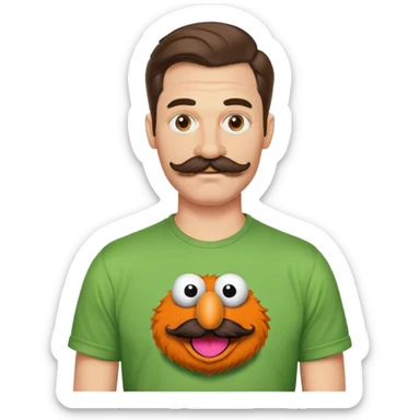 Sexy man who is six foot two in a muppets t shirt and handle bar moustache sticker