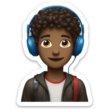a young boy with headphones red and blue an dark brown curly hair and brown eyes and an small hoop eaing sticker