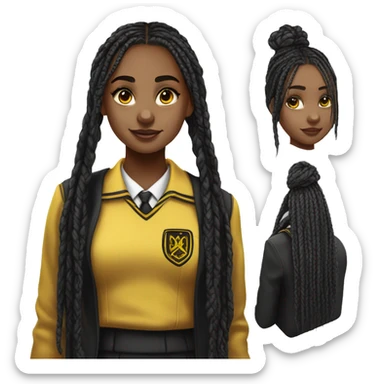  Hyper realistic girl with long black box braids wearing Hufflepuff school uniform sticker