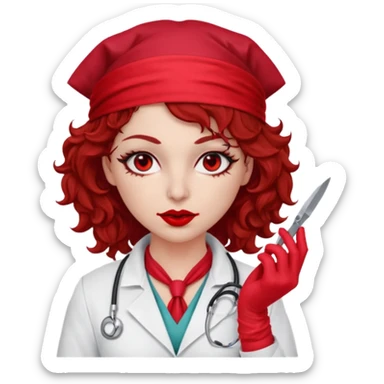Lilith scalpel in hand, evil surgeon sexy surgeon clothes.  She has red eyes. Dark brown curly hair. Wears sexy doctor outfit with red gloves.covers her mouth necknose with red bandana to hide  her identity. Hair is long and brown sticker