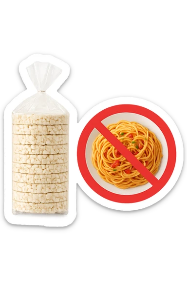 confezione di gallette di riso con accanto un piatto di pasta con divieto sopra, in italiano,  realistici sticker