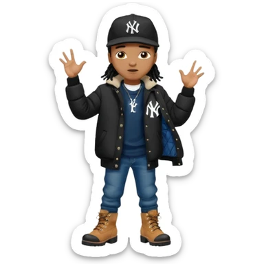 African American boy with short black dreadlocks wearing a black New York Yankees logo baseball cap wearing a black bubble winter coat wearing denim skinny jeans and timberland boots with hands pointing sticker