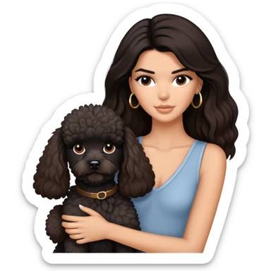 Kendall Jenner with long dark hair holding a brown poodle and a black schnauzer sticker
