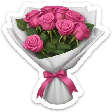 Dark pink bouquet of roses wrapped in white wrapping paper with pink bow sticker