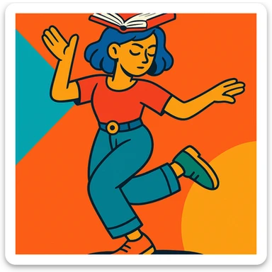 a person balancing a book while dancing, mid-step, focused on reading, colorful and whimsical sticker