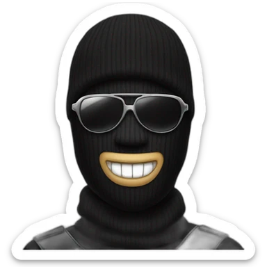 a man with a black balaclava in wooll, black sunglasses and silver grillz on teeth sticker