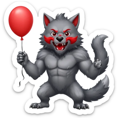 A gray werewolf with a giant red balloon sticker