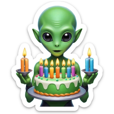 A detailed alien holding a colorful birthday cake with lit candles, standing inside a futuristic spaceship, cinematic lighting, ultra realistic textures, high resolution, dramatic shadows, sci-fi atmosphere
 sticker
