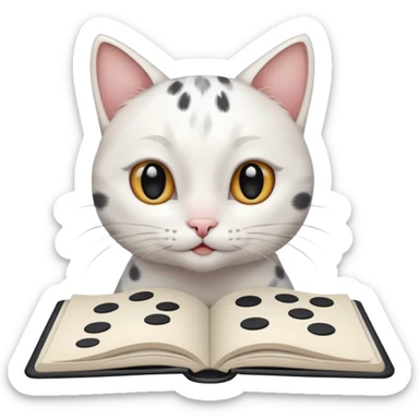 gatita blanca con manchas grandes negras en los ojos feliz en viendo una libreta con anillado sticker