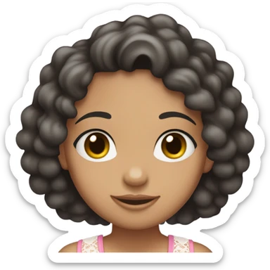 make a teenage girl emoji, mixed race, tan girl, dark grey almost black eye colour, long hair dark brown curls. Wearing a lace trim baby pink tank top with a small bow on shirt. One girl sticker
