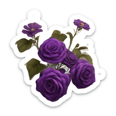 An aesthetic arrangement of a violet vintage book and dark magenta flowers in a light violet glass vase, surrounded by antique letters sticker