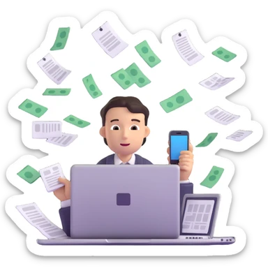 person holding a phone in one hand, laptop open in front, storm of receipts, invoices, and reminders swirling around, multitasking chaos sticker