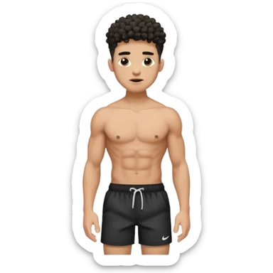 Ripped, athletic man with thick neck, high top fade with no part, curly hair only top only, no shirt and show waistline up, white male, black shorts and more man face sticker