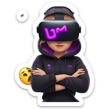 Russian girl wearing black hoody with violet letters "OMG", in vr headset oculus quest2. Dancing. Cyberpunk style. Violet neon. sticker
