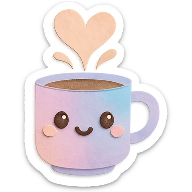 coffee cup with heart-shaped steam, kawaii style, soft pastel gradient background sticker