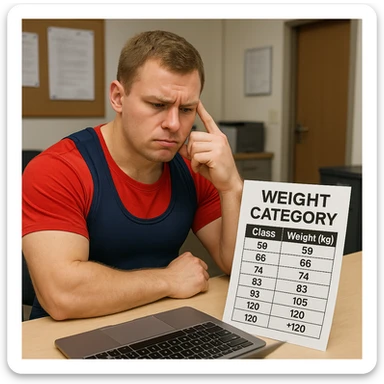 European powerlifter in front of a computer or tablet, comparing own data with a weight category chart, undecided expression, competition clothing, realistic details, registration room or competition office background sticker