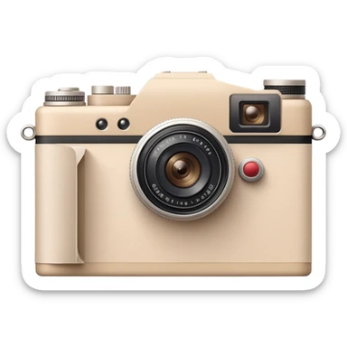A beige camera and next to it a landscape photograph of the frame behind the camera sticker