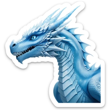 Cinematic Noble wise elegant Ice Dragon Portrait Emoji, Poised and imposing, distinct long elegant snout, with a slender, scaled body shimmering in glacial hues of icy blue, frostbitten silver, and crystalline white, breathing out frost, with piercing, glowing ice blue white eyes that radiate the chilling depths of an arctic storm; rendered in detail. excuding wisdom sticker