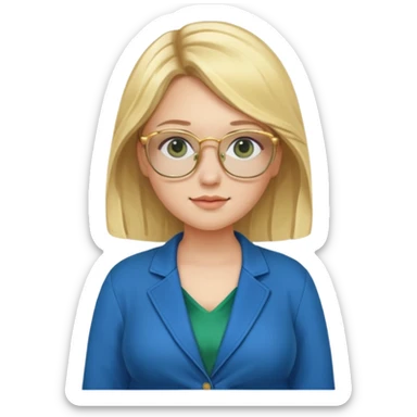 pregnant blonde 18-year old with golden glasses in a bright blue dress and a dark green jacket on top of the blue dress sticker