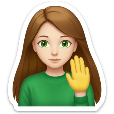 please create an emoji of a semi pale girl with long brown hair, green eyes, wearing a yellow sweater sticker
