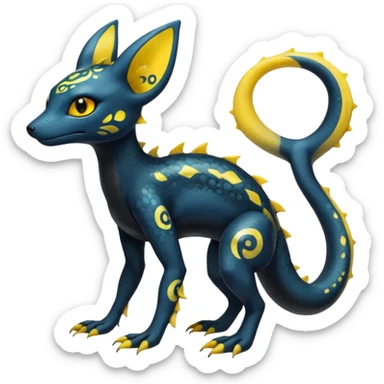 L Scaley Exotic Salandit-Aurorus-Umbreon-Fakémon-hybrid-creature (full body), 4 legs, with splash markings, with intricate details sticker