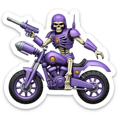  Four wheel skull-headed tank mech motorcycle with mechanical arms with guns, skeletor , active suspension , aggressive expression, shiny metal with minimal color accents, preserve all proportions, pose, and details sticker