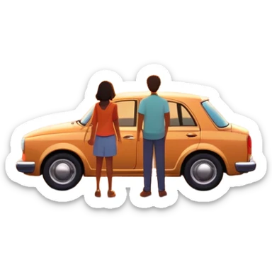 A parked car sits quietly on the side of an open road, facing a breathtaking sunset. Two people stand outside, backs turned, watching the horizon. The road stretches endlessly ahead, surrounded by a peaceful, glowing landscape full of light, warmth, and possibilit sticker