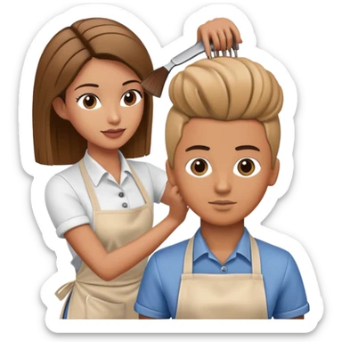 hair stylist wearing apron teaching student using mannequin head sticker