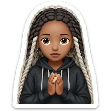 African American dark skin girl with long black box braids wearing a black hoodie with hands folded together sticker