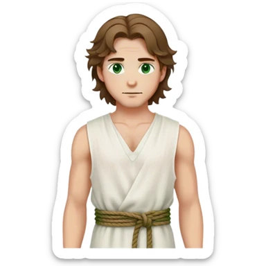 medieval summer outfit worn by a DnD themed fantasy male character. thin sleeveless linen tunic with a deep V-neck and a loosely tied rope belt. clothes only above the waist. The clothes full waist. The character's haven't arms. character is white-skinned, brown hair, green eyes, shoulder-length wavy hair. sticker