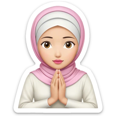 An Asian woman, white hijab women are listening with her hands folded on the table. her lips is pink. sticker