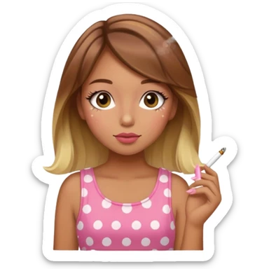 Girl with golden tan skin and brown hair with blonde highlights and cute lashes and blush with pink polka dot dress smoking weed sticker