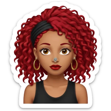 light-skinned black girl with very long eyelashes with long curly dark red hair with edges wearing a black top with no sleeves. and a red accessory on her head with nose and mouth piercings and is a baddie and looks like a bad girl. sticker