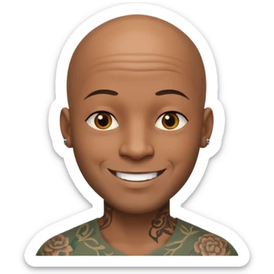 This is a cartoon-style avatar of a bald man with dark skin, golden-brown eyes, and several tattoos on his face, smiling with a lightly smile expression. sticker