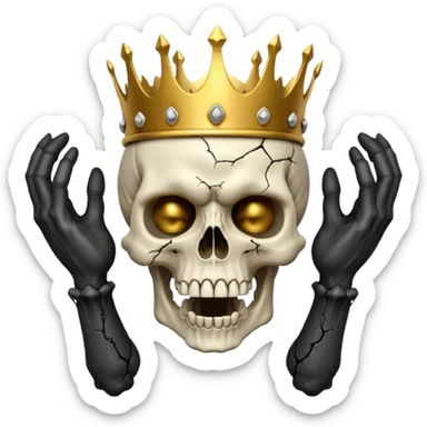Demonic 3D skull holding its head by its two hand in shock, mouth open, wearing a golden crown, horror vibe sticker