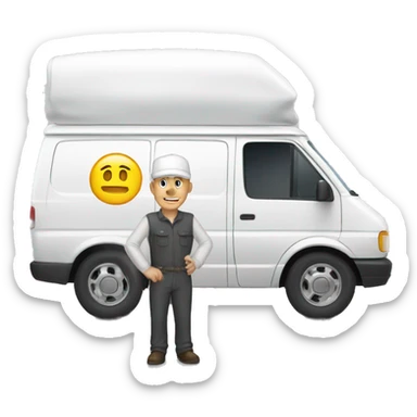 a white van and a man with white cap standing next of it sticker