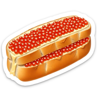 Apple style 3D emoji of a slice of fresh baguette with creamy butter and a generous layer of shining red caviar.
Realistic textures but in a clean 3D icon style. Soft reflections on the caviar pearls, delicious look, isolated on a white background. sticker