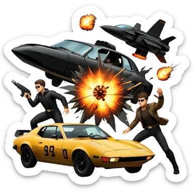 Photorealistic Icon for Action Movies: Dynamic collage of iconic action movie scenes featuring explosions, fast cars, combat, and weapons. Include silhouettes of famous action heroes, dramatic lighting, and a sense of high-octane energy. Transparent background. sticker