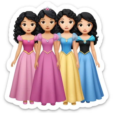 Haz algo relaciono con Disney donde haya quatre chicas con el tono de piel carne, una con el pelo rizado largo, una con el pelo muy corto negro, una con el cabello ondulado mediano y la otra con el pelo negro largo sticker