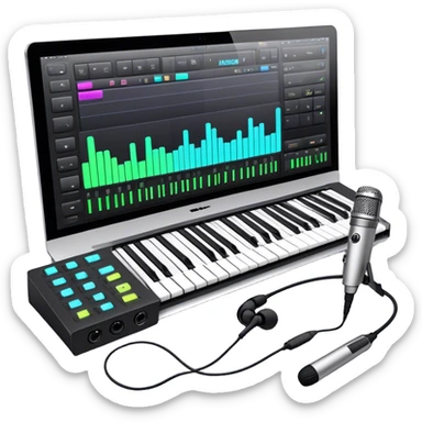 Create a professional and artistic emoji that represents writing music tracks. The design should feature a digital audio workstation (DAW) screen with visible waveforms, a MIDI keyboard, and a high-quality microphone to symbolize the tools used in music production. Add elements like studio headphones and an audio interface to reflect the technical aspects of creating a track. Use sleek, modern colors like silver, black, and neon accents to convey the professional environment of music composition. The background should be transparent. sticker