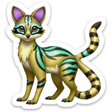 Rare realistic neon-colored iridescent shiny warm-colored lush tropical exotic cute epic pretty beautiful handsome gorgeous aesthetic colorful vibrant Vernid-Protogen-Primagen-Wickerbeast-Genet-Trico-species-Fakemon-hybrid-creature by LiLaiRa, beautiful intricate markings, full body sticker