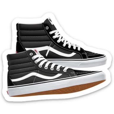 Pair of black Vans Sk8-Hi sneakers clearly arranged with one directly behind the other, high-top skate shoes with white jazz stripe, black canvas upper, white stitching, white rubber sole sticker