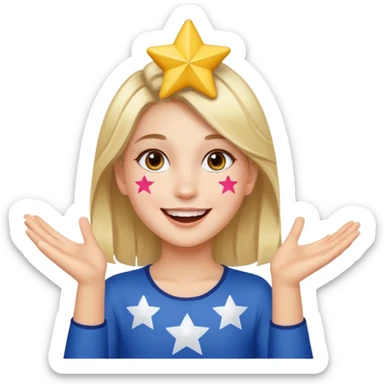 A girl with star-shaped cheek paint, cheering with bright eyes. sticker