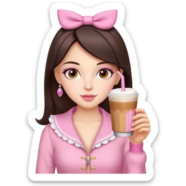 white brunette with brown eyes and a pink coquette outfit, drinking a caramel machiatto sticker