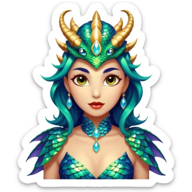 A gorgeous dragon woman with glittering jeweled scales covering her body and face. She has large almond shaped eyes, lush lips, and she wears a stunning luminescent gown. sticker
